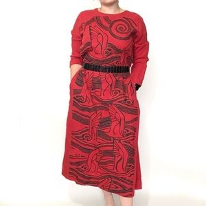 Click Vintage Red/Black 100% Linen Maxi Long Sleeve Dress With Pockets Sz Medium